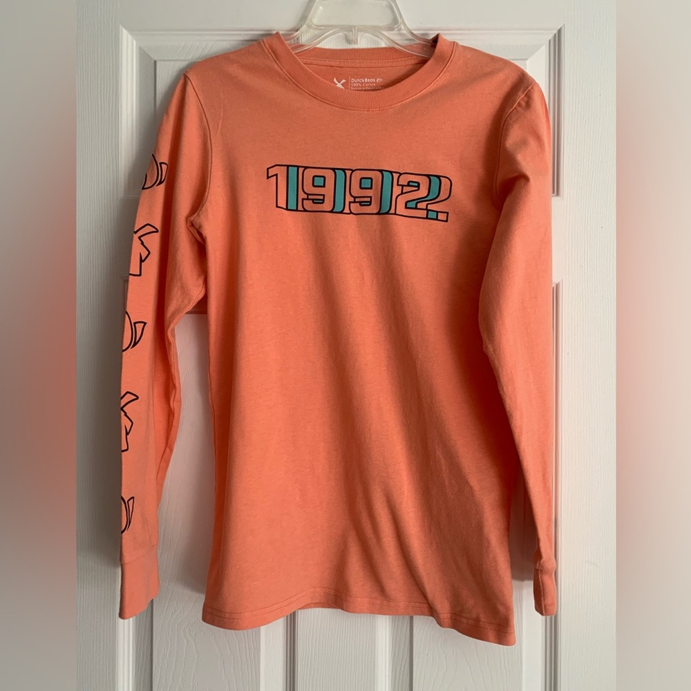 Dutch Bros Coffee SMALL Long Sleeve T Shirt Peachy Orange 1992 Retro Look